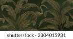 Art background with tropical leaves and bird in green and gold color in art line style. Botanical banner for decor, cover, print, textile, wallpaper, interior design.