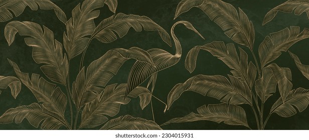 Art background with tropical leaves and bird in green and gold color in art line style. Botanical banner for decor, cover, print, textile, wallpaper, interior design.