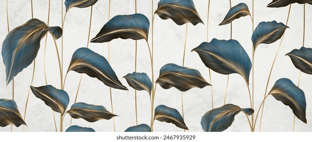 Art background with tropical leaves in blue with golden line elements. Hand drawn botanical banner for decoration, print, poster, wallpaper, textile, interior design.