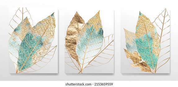 Art background with tropical leaves in gold and green blooms in line style. Botanical poster with watercolor leaves in art line style for decor, design, wallpaper, packaging	
