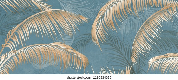 Art background with tropical leaves hand drawn in gold color. Botanical banner with exotic plants for decoration, print, interior design, wallpaper, packaging.