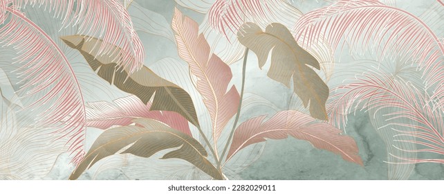 Art background with tropical palm leaves in a watercolor style in green and pink colors. Botanical banner with exotic plants for decoration, wallpaper, print, textile, interior design.