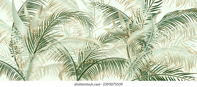 Art background with tropical palm leaves in line art style. Botanical banner for decoration, print, textile, interior design, poster, wallpaper, packaging.