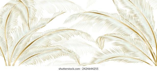 Art background with tropical palm leaves with golden elements in line style. Botanical banner with exotic plants for decoration, print, wallpaper, textile, interior design, poster.