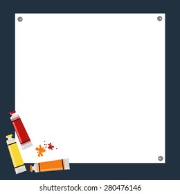 Art background with tubes of paint and paint stains.  Vector illustration in flat design