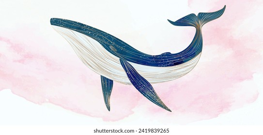 Art background in watercolor style with a blue whale with golden line elements in pink clouds or waves. Vector animalistic banner for decoration, print, textile, poster, wallpaper, interior.