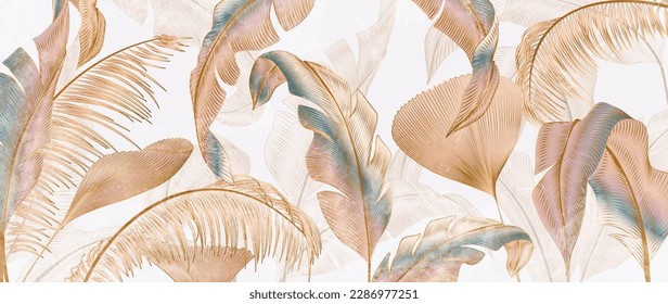 Art background in watercolor style with tropical leaves in brown and yellow color with golden elements in art line style. Banner with exotic plants for wallpaper design, packaging, print, textile