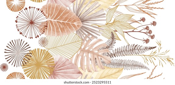 Art background in watercolor style with tropical leaves in brown and yellow color with golden elements in art line style. Banner with exotic plants for wallpaper design, packaging, print, textile