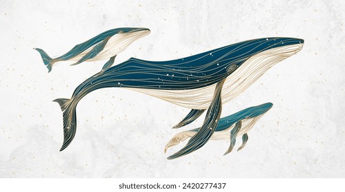 Art background in watercolor style with whales mother and children with golden elements in line art style. Vector animalistic banner for design of poster, print, decor, interior design, wallpaper.