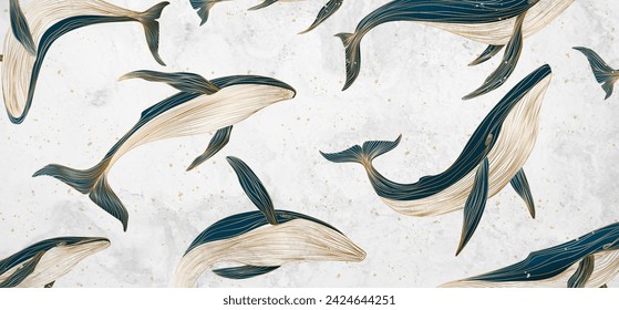 Art background in watercolor style with whales mother and children with golden elements in line art style. Vector animalistic banner for design of poster, print, decor, interior design, wallpaper.