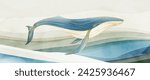 Art background with a whale in the waves of the sea or ocean in a watercolor style. Hand drawn vector banner in pastel colors for decoration, print, textile, wallpaper, interior design, poster.