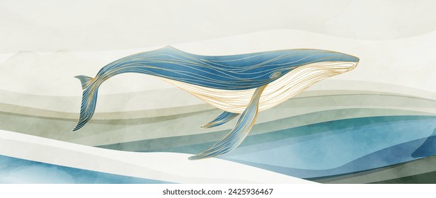 Fondo de arte con una ballena en las olas del mar o el océano en un estilo de acuarela. Banner vectorial dibujado a mano en colores pastel para decoración, impresión, textil, papel pintado, diseño de interiores, póster.