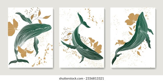 Fondo de arte con ballenas y flores pintadas a mano en tonos dorados y verdes en estilo de línea de arte. Conjunto de vectores animales para decoración, impresión, textil, diseño interior, afiche, impresión.