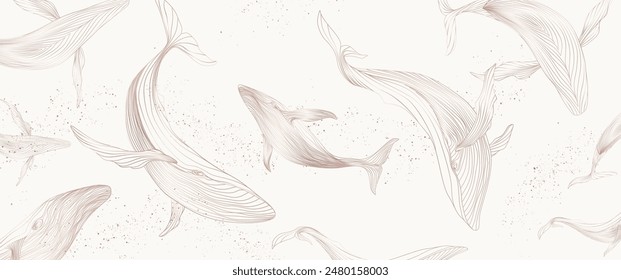 Art background with whales in pink color with line style. Vector animalistic banner for wallpaper, packaging, interior design, poster, textile.