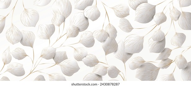 Art background with white exotic leaves on a branch with golden line art elements. Abstract botanical pattern with leaf for decor, wallpaper, wall, packaging, fabric