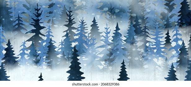 Art background with winter forest. Watercolor botanical banner for textile, web, print decoration