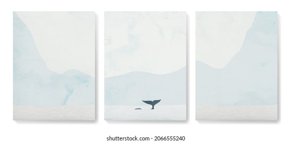 Art background with winter landscape. Mountains and ocean in winter with a whale for print, home decor, textiles