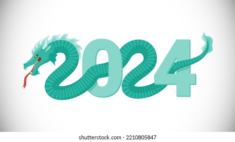 Art Banner for Chinese New Year. Decorative Number 2024. Cartoon Green Dragon. Isolated on White Background. Vector Illustration.