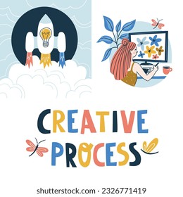 Colección de pancartas de arte con tipografía - proceso creativo. Ilustración vectorial de arte. carta inspiradora.
