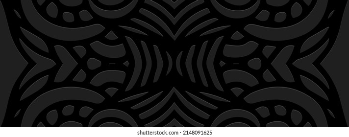Art banner, cover design. Dynamic geometric ethnic large 3d pattern on black background, art deco relief texture. Vector graphics for business background, magazine layout, brochure, booklet, flyer.