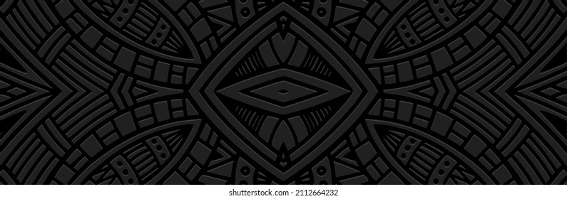 Art banner, cover design. Exotic geometric ethnic 3d pattern on black background, embossed texture. Decor for business background, magazine layout, brochure, booklet, flyer, website.
