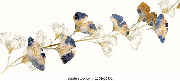 Art banner with golden and blue ginkgo leaves in art line style. Botanical background with watercolor textures for wallpaper, decor, packaging design, interior design