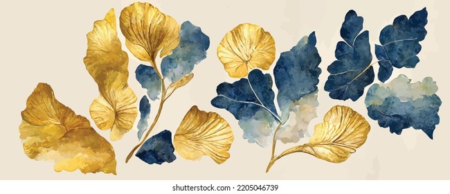 pancarta de arte con hojas de ginkgo doradas y azules