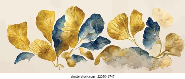 pancarta de arte con hojas de ginkgo doradas y azules