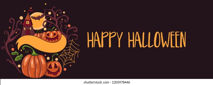 Art banner for Happy Halloween.Design template for flyers, posters,ecards, invitations, brochures. Creative style. Vector illustration