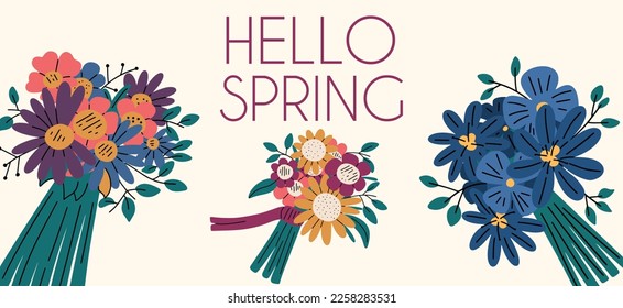 Art banner, postcard, invitation with different bouquets of flowers. Spring mood, design template, poster. Vector hand drawn illustration
