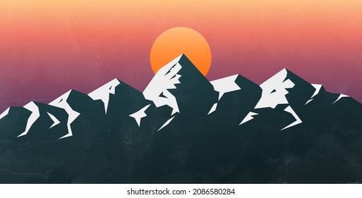 Art banner in vintage style with mountains. Image with landscape and sun at sunset.