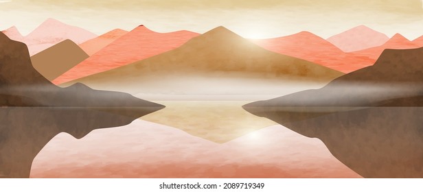 Art banner watercolor with mountains and hills on the lake in the morning or at sunset. Landscape background for home decor decoration, design, print