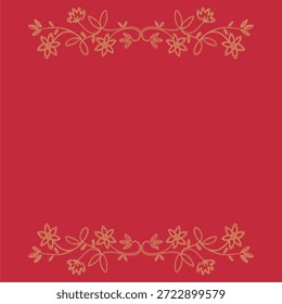 Arte de estilo barroco, Vector dibujando en líneas imitando bordados de ramas, hojas y flores en línea punteada en color dorado y fondo rojo