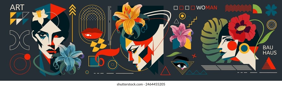 Art Bauhaus woman portrait. Abstract paint exhibition. Flowers and geometric shapes. Botanical pattern design. Contemporary flyer. Party minimal poster. Female Memphis faces. Vector graphic background