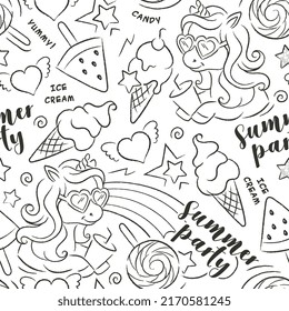 Art. Beautiful black and white pattern. Unicorn ice cream summer party. Fashion illustration drawing in modern style for clothes