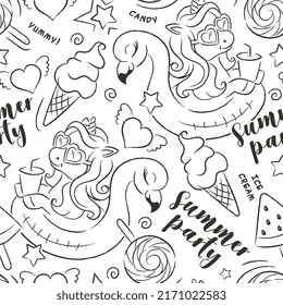 Art. Beautiful black and white pattern. Unicorn in the pool. Summer party. Fashion illustration drawing in modern style for clothes.