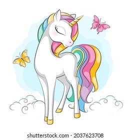 Art. Beautiful illustration of cute little smiling unicorn  with mane  rainbow colors  .Hand drawn picture for your design.