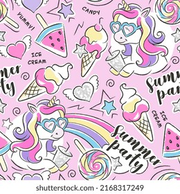 Art. Beautiful pink pattern. Unicorn ice cream summer party. Fashion illustration drawing in modern style for clothes