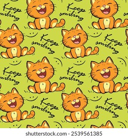 Art Beautiful seamless pattern. red kitten. cat. green background. Design kids print. Vector