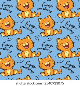 Art Beautiful seamless pattern. red kitten. cat. blue background. Design for children's textiles.Vector