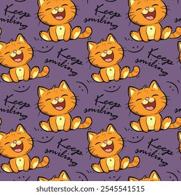 Art Beautiful seamless pattern. red kitten. cat on a purple dark background. Design kids print. Vector