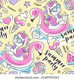 Art. Beautiful summer pattern. Unicorn on the beach. Summer party. Fashion illustration drawing in modern style for clothes.