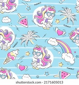 Art. Beautiful summer pattern. Unicorn ice cream summer party. Fashion illustration drawing.