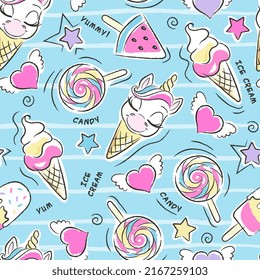 Arte. Hermoso fondo turquesa. Patrón de helado de unicornio. Ilustración de moda de estilo moderno para ropa