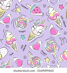 Art. Beautiful violet background. Cute unicorn ice cream pattern. Fashion illustration drawing in modern style for clothes