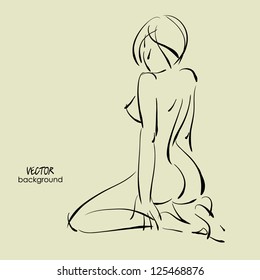 Art Beautiful Young  Sexy Kneeling Woman Topless From The Back And In Profile, Sketch Vector