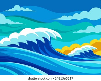 An art of a big ocean wave depicted in a cartoon style