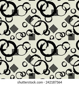 art black graphic geometric seamless pattern, square background with naive circle grunge ornament
