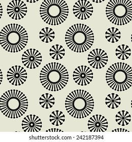 art black graphic geometric seamless pattern, square background with simple circle floral star, snowflake and sun ornament