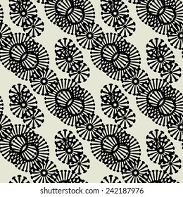 art black graphic geometric seamless pattern, square background with simple circle floral star, snowflake and sun ornament